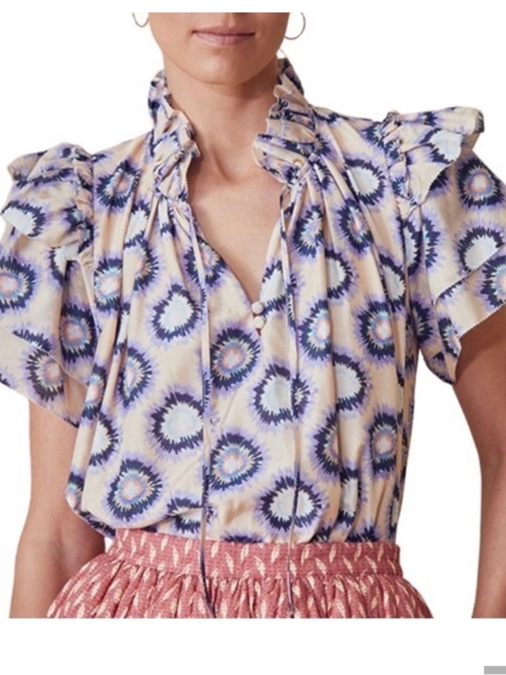 EUC HUNTER BELL Cream and Blue Ruffle Tie-Neck Blouse